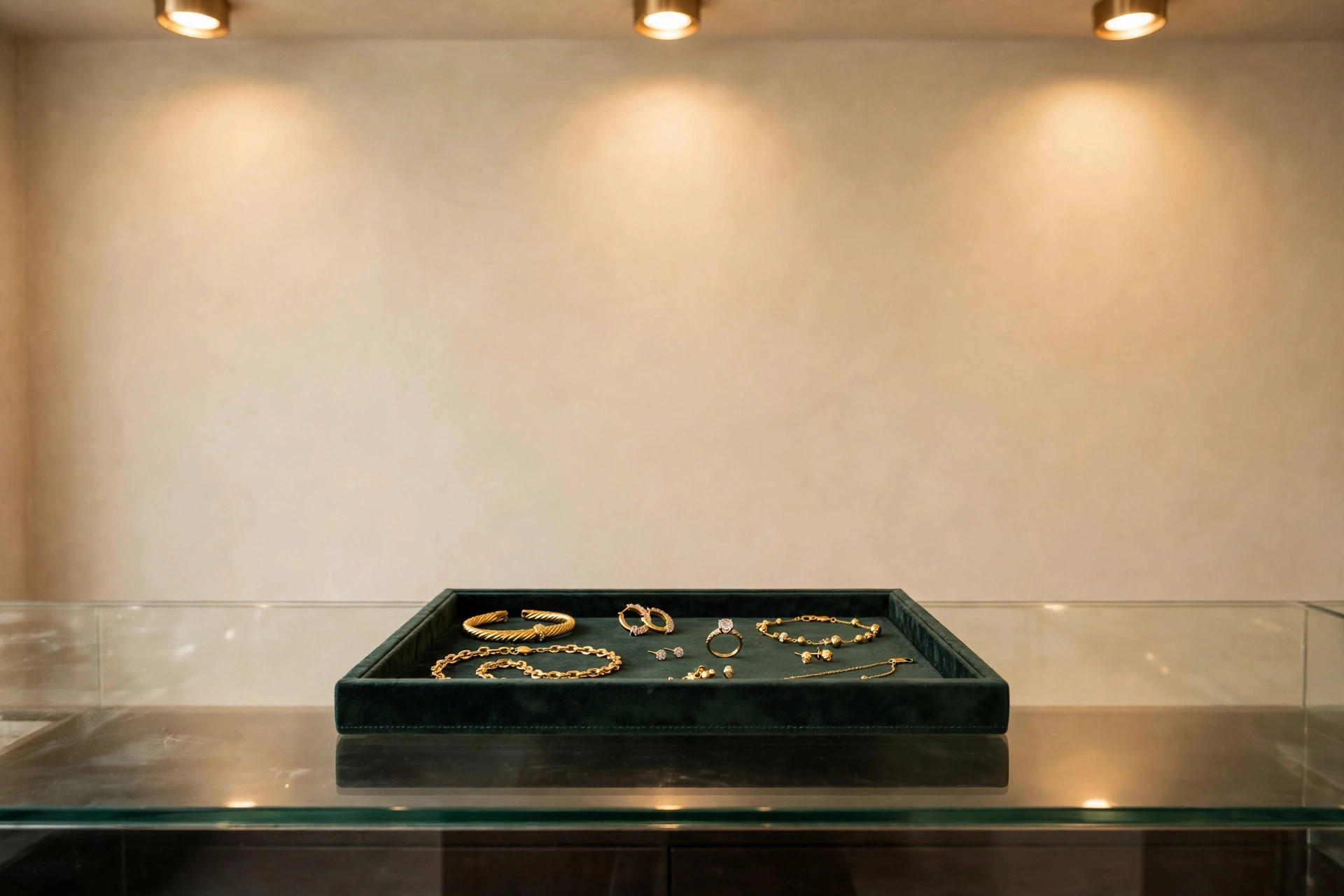 Gleaming, stunning new gold jewellery on a velvet tray