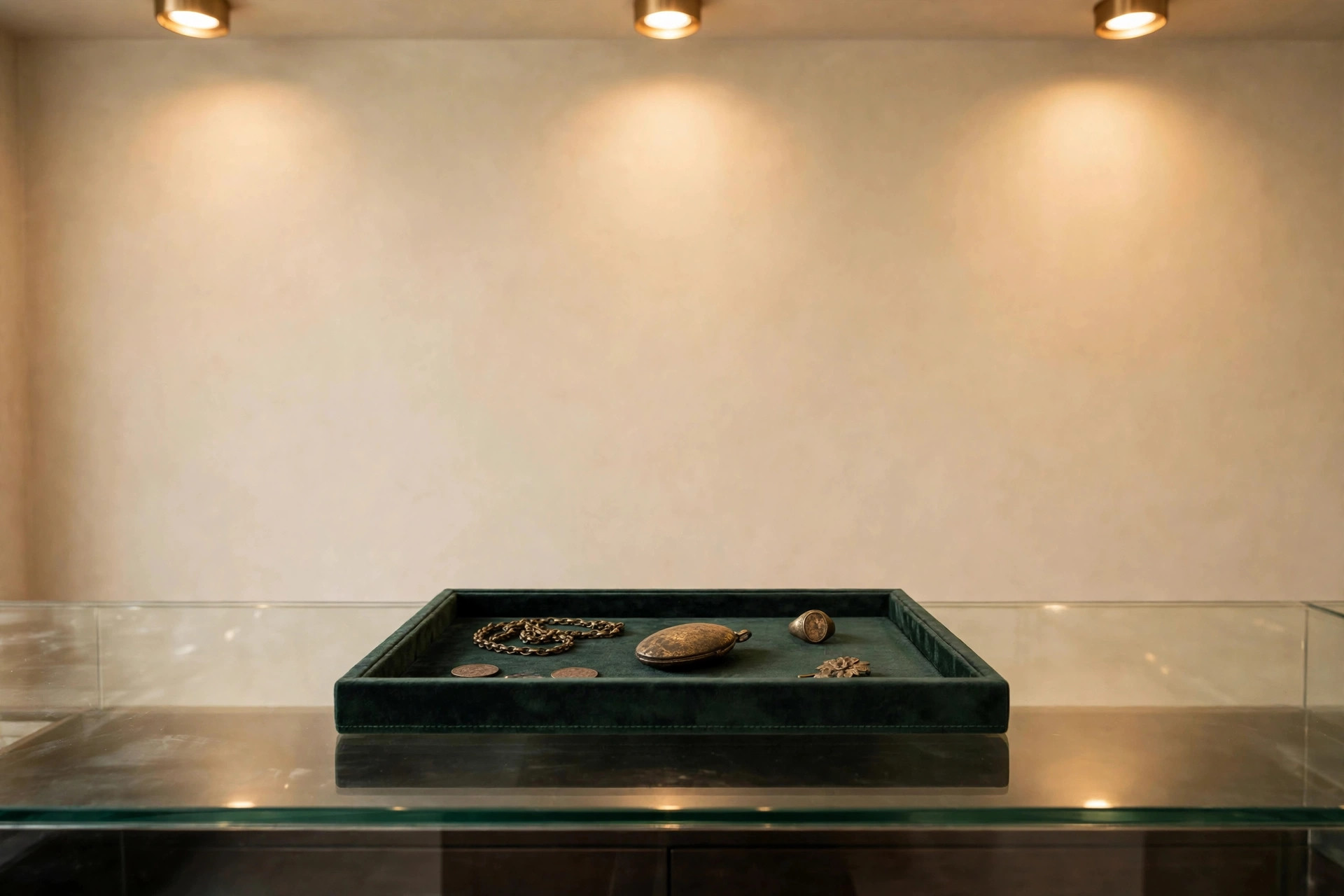 Dull, tarnished old gold pieces on a velvet tray